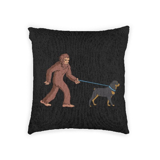 Bigfoot Sasquatch Walking Rottweiler Woven Pillows