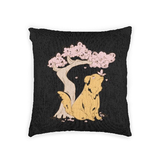 Dog With Sakura Tree Woven Pillows