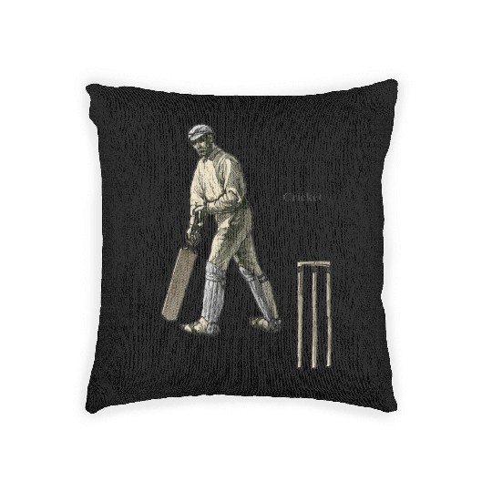 Vintage Cricket Player with a Bat and Wicket URM Woven Pillows