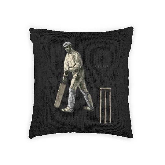 Vintage Cricket Player with a Bat and Wicket URM Woven Pillows
