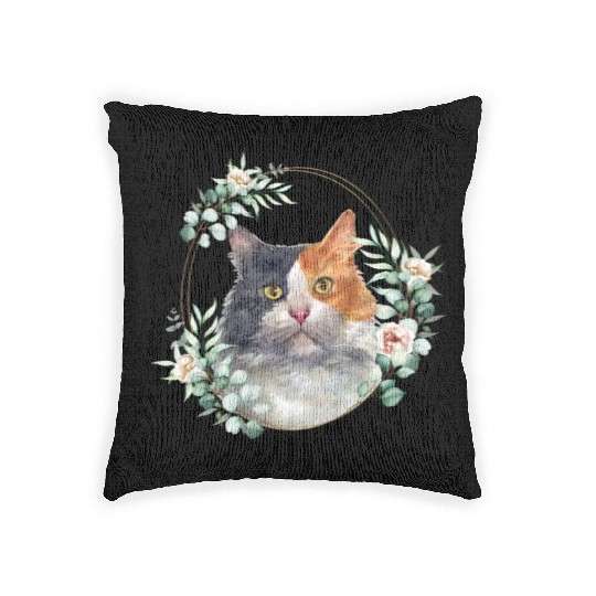 Calico Cat in a Floral Gold Wreath Frame Woven Pillows