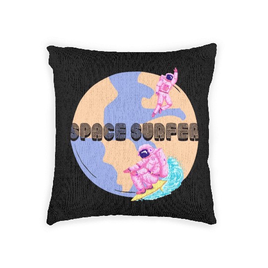 Space Surfer Two Astronauts and Planet Earth Woven Pillows
