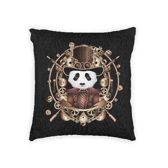 Steampunk panda with top hat in sepia frame Woven Pillows