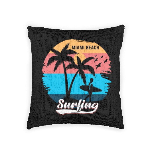Retro Vintage Sunset Surfing Style Miami Beach Woven Pillows