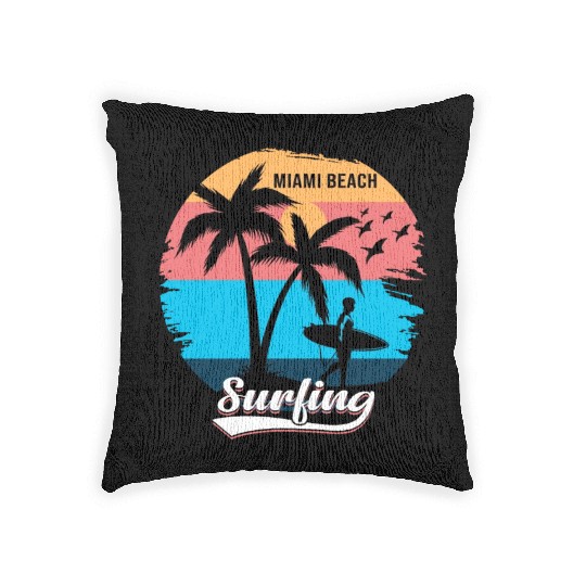 Retro Vintage Sunset Surfing Style Miami Beach Woven Pillows