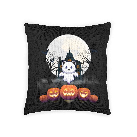 Ghost House & Pumpkin Funny Cats Ghost Halloween Woven Pillows