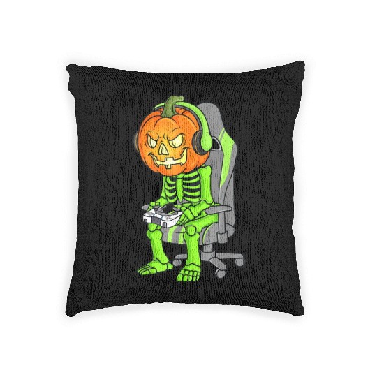Gaming Halloween Skeleton Jack O Lantern Gamer Boy Woven Pillows