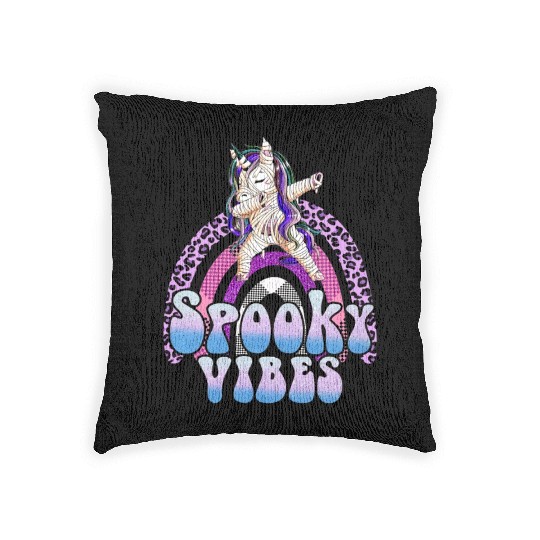 Spooky Vibes Halloween Unicorn Rainbow Girls Woven Pillows