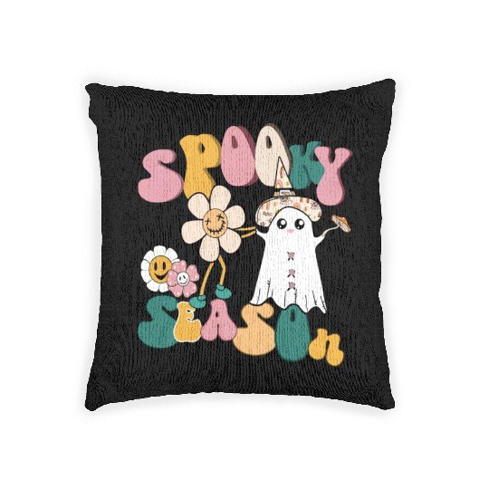 Spooky Season Retro Flowers Halloween Ghost Girls Woven Pillows