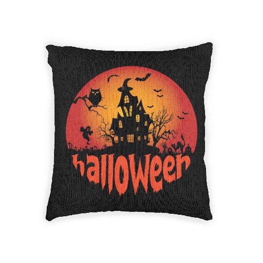 Halloween Scary Night Witch House Woven Pillows