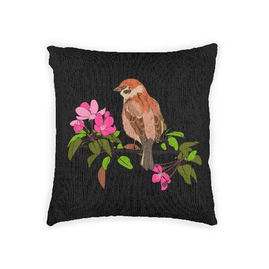 Sparrow on a branch pink flowers of an apple tree Woven Pillows