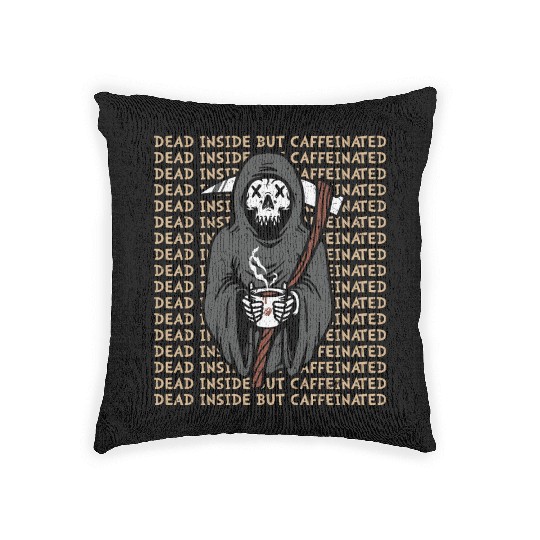 Dead inside but caffinated skull coffee reaper Woven Pillows
