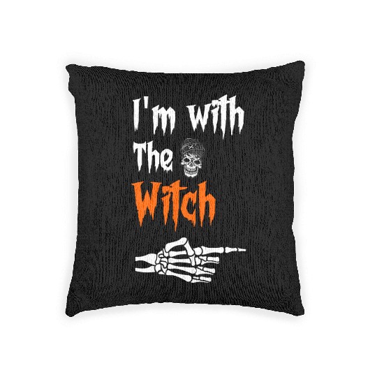 I'm with the witch, Scary and funny witch skull Woven Pillows