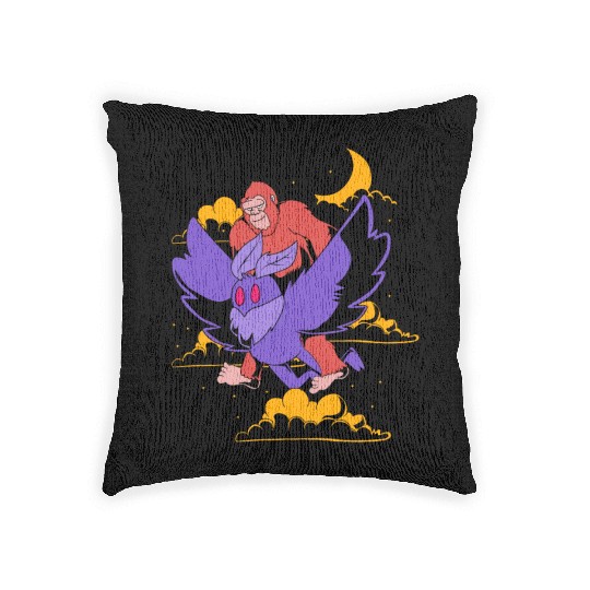 Bigfoot Riding Mothman Funny Cryptozoology Woven Pillows