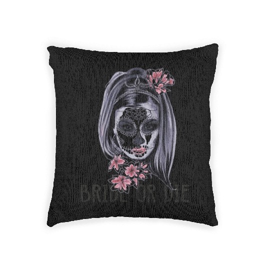 Womens Bride Or Die Halloween Skeleton face girl Woven Pillows