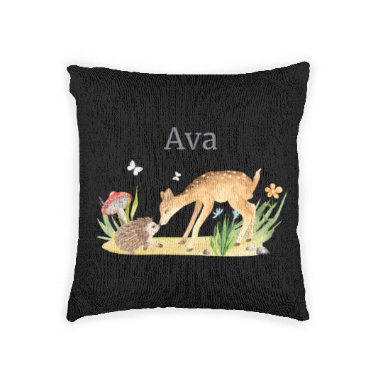 Forest Animal Deer Hedgehog Flowers Name Ava Woven Pillows