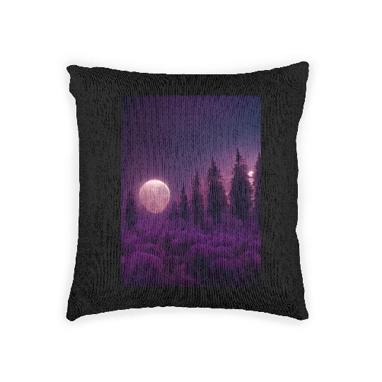 Forest in night above purple clouds, moon Woven Pillows