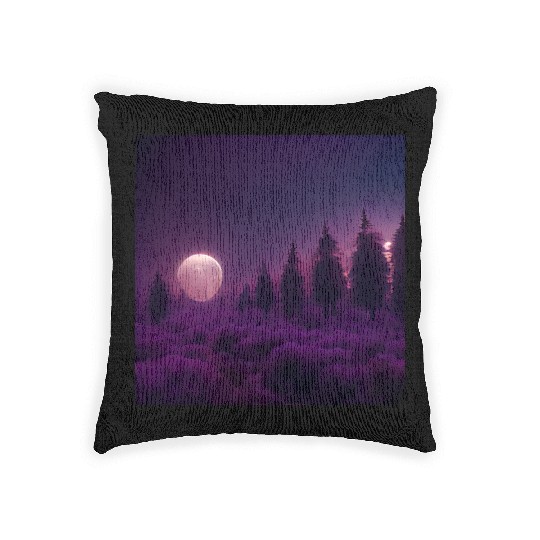 Forest in night above purple clouds, moon Woven Pillows