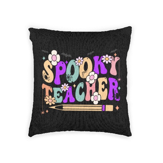 Spooky Season Retro Spooky Teacher Halloween Funny Woven Pillows