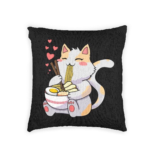 Funny Kawaii Cat Eating Ramen - Kawaii Neko Cat Woven Pillows