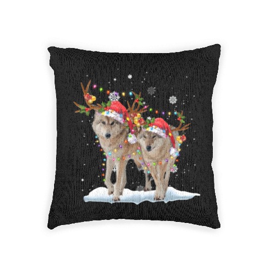 Wolf Christmas Santa Hat Tree Lights Xmas Funny Wo Woven Pillows
