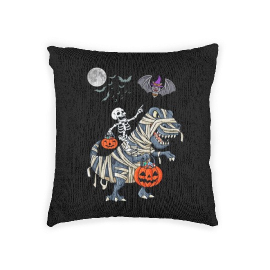 Funny Skeleton Riding Mummy dinosaur Halloween Woven Pillows