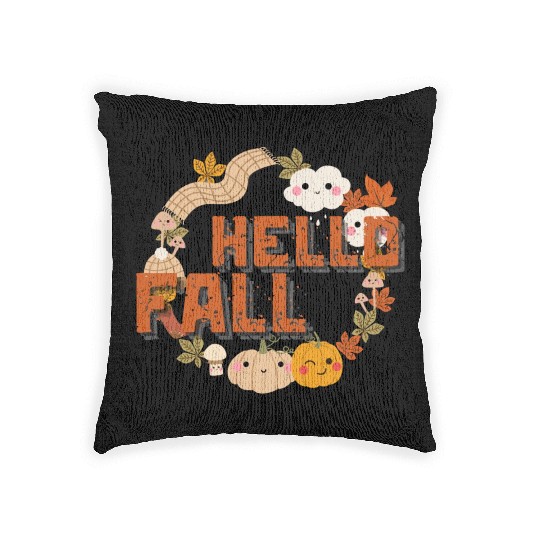 Hello Fall Cute Nature Autumn leaves Pumpkins Woven Pillows