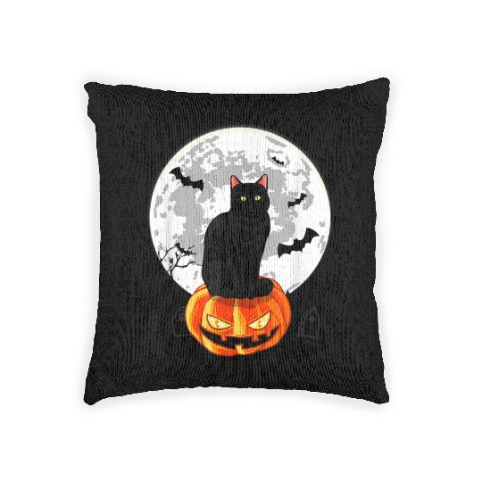 Black Cat On Pumpkin Woven Pillows Full Moon Halloween