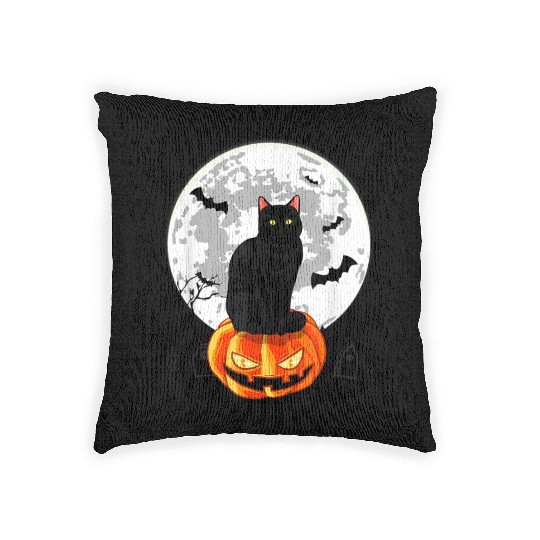 Black Cat On Pumpkin Woven Pillows Full Moon Halloween