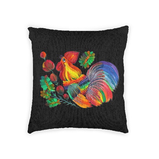 Magic cock. Petrykivka painting. Rainbow rooster Woven Pillows
