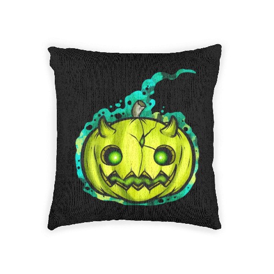 Green Pumpkin Spirit With Horns Halloween Woven Pillows