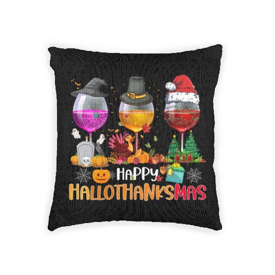 Wine Glasses Witch Santa hat Happy Hallothanksmas Woven Pillows