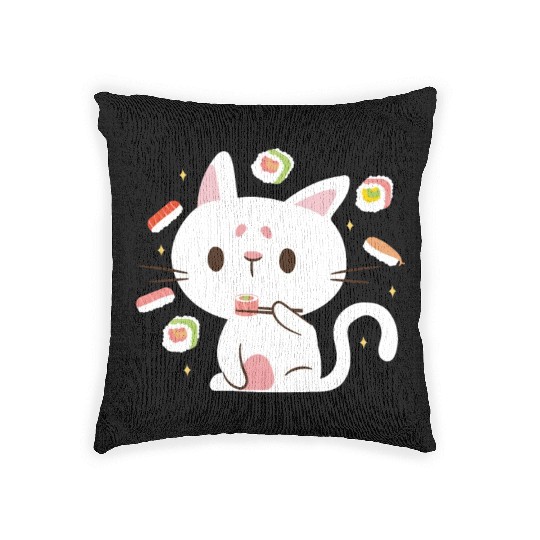 Kawaii Cat Eating Sushi Japanese Raw Food Woven Pillows
