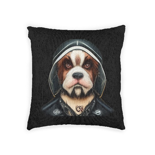 Biker Saint Bernard's dog portrait motorcycle Woven Pillows