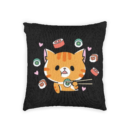 Kawaii Cat Eating Sushi Japanese Raw FoodKawaii Woven Pillows