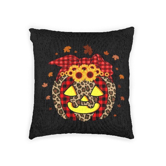 Pumpkin Jack O' Lantern Leopard Plaid Halloween Woven Pillows
