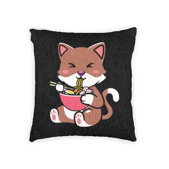 womens kawaii cat ramen anime neko teen boys girls Woven Pillows