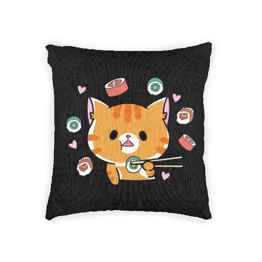 Kawaii Cat Eating Sushi Japanese Raw Food Woven Pillows