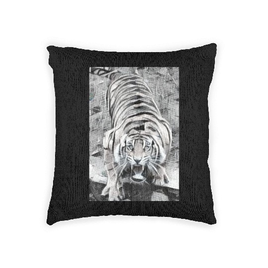 Tiger Draw BW Looking Up Woven Pillows