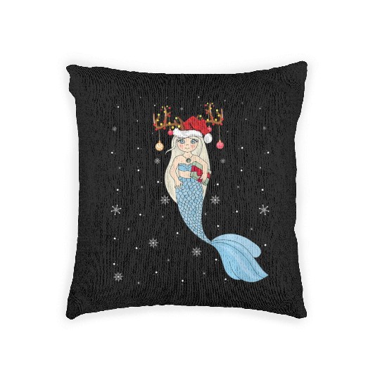 Mermaid Lover Xmas Reindeer Santa Hat Mermaid Woven Pillows