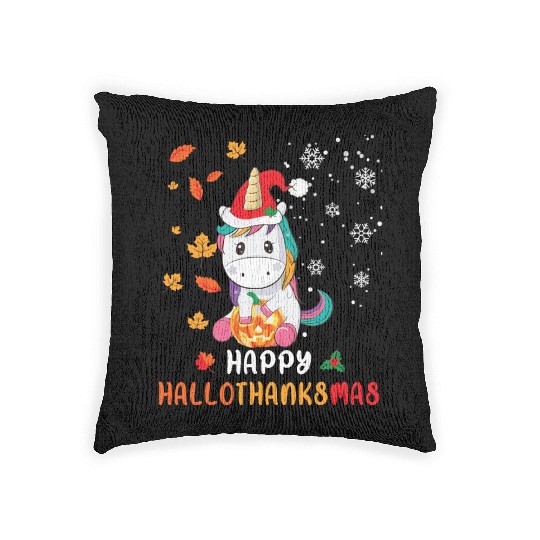 Unicorn Lover Halloween Happy Hallothanksmas Woven Pillows
