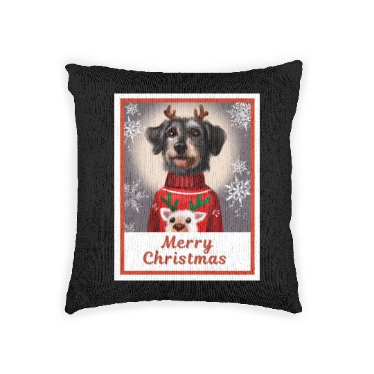 Miniature Black Schnauzer in a Christmas sweater. Woven Pillows