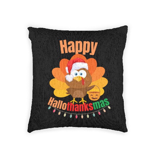 Happy Hallothanksmas Trick or Treat Santa Turkey Woven Pillows