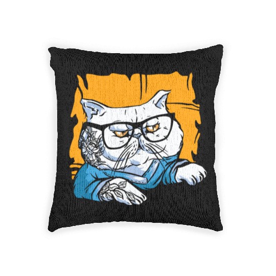 Stylish Nerd Persian Cat Beanie Glasses Tattoo Woven Pillows