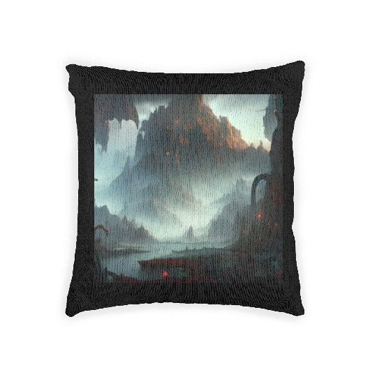 Misty Mountains in a Fantasy Scene Woven Pillows