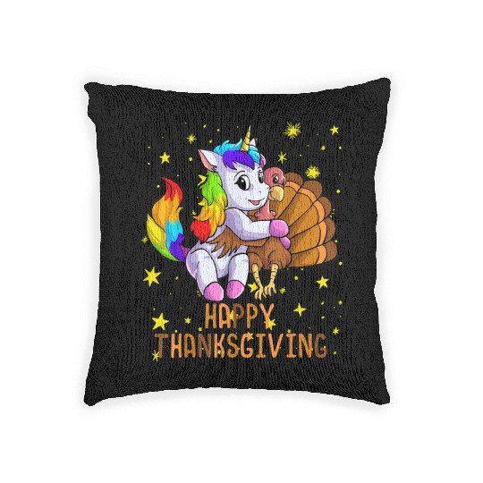 Rainbow Cute Unicorn and Turkey Happy Thanksgiving Woven Pillows