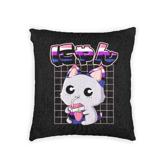 Genderfluid Pride Kawaii Cat Strawberry Milk Woven Pillows