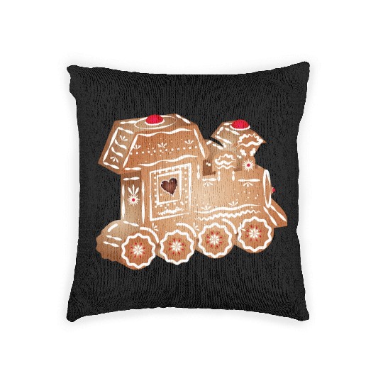 decorated gingerbread locomotive for Christmas Woven Pillows