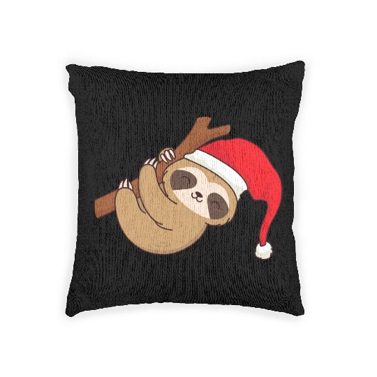 Sloth with Christmas hat hangs chilling on branch Woven Pillows