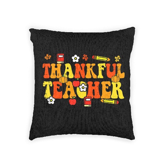 Thankful Teacher Retro Groovy Thanksgiving Fall Woven Pillows